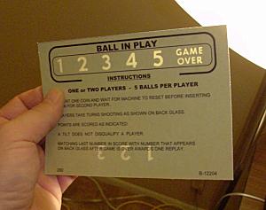 instruction card front - Gottlieb Airport Pinball Machine